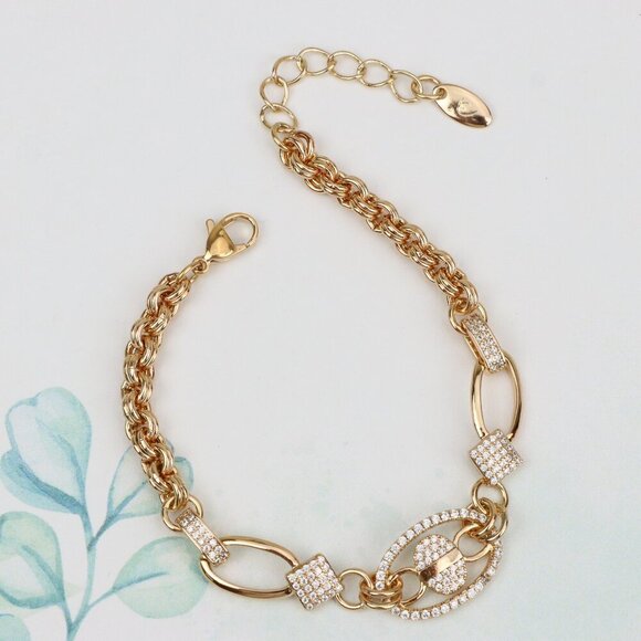 "Rose Gold Chain Bracelet with Oval Crystal Charm & Textured Links, XPBL0927 - Picture 1 of 13